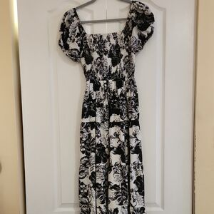Black & White Floral Midi Dress with Smocked Bodice